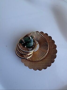 Unique Goldtone Layered Textured Brooch with Green Aventurine Stone
